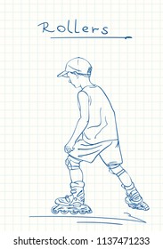 Boy learning to skate on rollers, Blue pen sketch on square grid notebook page, Hand drawn vector linear illustration
