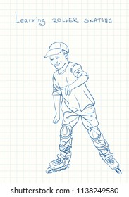 Boy learning to skate on rollers, Blue pen sketch on square grid notebook page, Hand drawn vector linear illustration