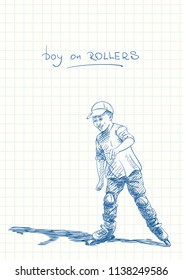Boy learning to skate on rollers, Blue pen sketch on square grid notebook page, Hand drawn vector illustration