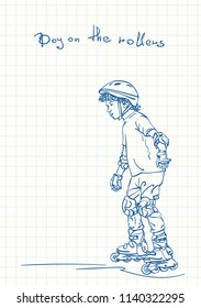 Boy learning to skate on rollers, Blue pen sketch on square grid notebook page, Hand drawn vector linear illustration