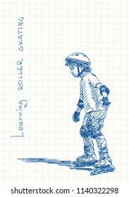 Boy learning to skate on rollers, Blue pen sketch on square grid notebook page, Hand drawn vector illustration