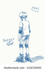 Boy learning to skate on rollers, View from back, Blue pen sketch on square grid notebook page, Hand drawn vector illustration