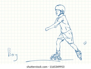 Boy learning to skate on rollers, Blue pen sketch on square grid notebook page, Hand drawn vector linear illustration