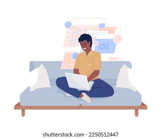 Boy learning software engineering comfortably semi flat color vector character. Editable figure. Full body person on white. Simple cartoon style illustration for web graphic design and animation
