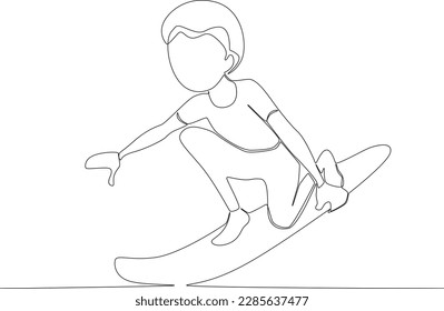 A boy learning to surf on the beach. Surfing one-line drawing