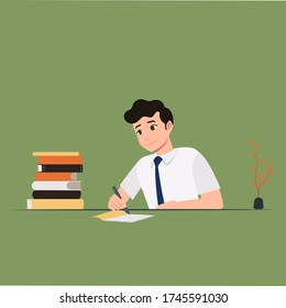 a boy is learning a lot of textbooks vector illustration flat design, Cartoon cute little boy in red shirt Siting on the desk. New nomal for hygiene. study from home, a boy doing homework