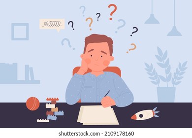 Boy With Learning Troubles Vector Illustration. Cartoon Tired School Child Sitting At Table And Writing, Thinking About Hard Homework With Question Marks Above Head. Difficulty In Education Concept