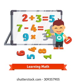 Boy learns math doing addition, subtraction and multiplication with plastic numbers on a magnet board. Flat style cartoon vector illustration isolated on white background.