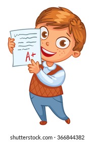 Boy learns perfectly. An A student. Funny cartoon character. Vector illustration. Isolated on white background