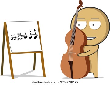 The boy learns to play the double bass from the notes
