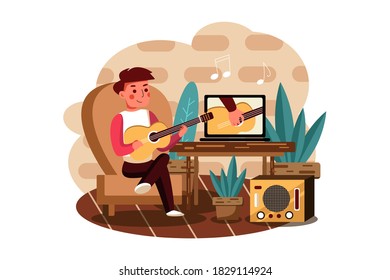 The boy learns to play musical instrument according to an online tutorial. Cartoon flat vector illustration isolated on white background.