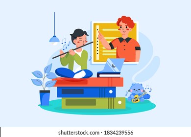The boy learns to play musical instrument according to an online tutorial. 