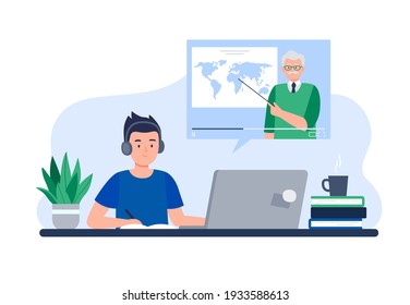 A Boy Learns Remotely From Home. Homeschooling by a Tutor or Online Teacher. Isolation at Home During the Coronavirus Epidemic. Vector Flat Illustration.