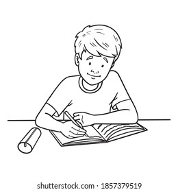 boy learns and writes in a notebook. understand, homeschooling, monochrome, comic.