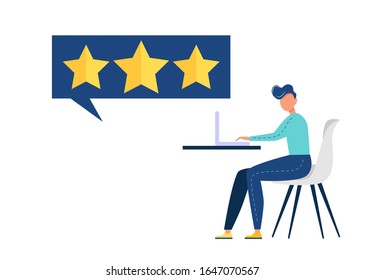Boy leaves feedback, comment, five star rate, highest rate.  Good work. Vector Illustration 