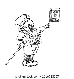 a boy in a leprechaun costume with a false beard & cane. St. Patrick's day holiday symbol, vector illustration with black contour lines isolated on a white background in a Doodle and hand drawn style