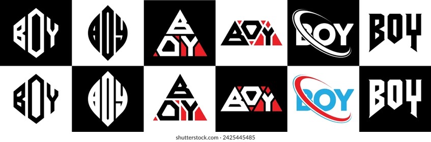 BOY letter logo design in six style. BOY polygon, circle, triangle, hexagon, flat and simple style with black and white color variation letter logo set in one artboard. BOY minimalist and classic logo
