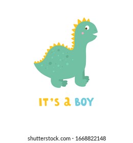 It's a boy lettering card with cute little dinosaur. Vector newborn concept for birthday boys