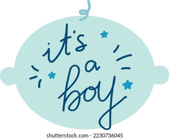 It is a boy lettering. Hand drawn text in baby face silhouette. Vector art for pregnant and baby shower party