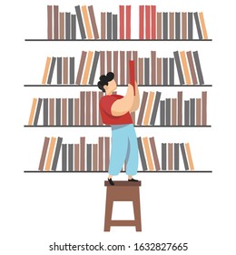 Boy in library takes book from shelf, cartoon character vector illustration. Kid chooses among many different books in library. Bookstore full of different literature, boy chooses a novel to read