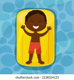 The boy lies and floats on an inflatable mattress on the water in the pool or the sea. Cartoon flat style summer holiday and fun. The child is happy and cheerful.
  