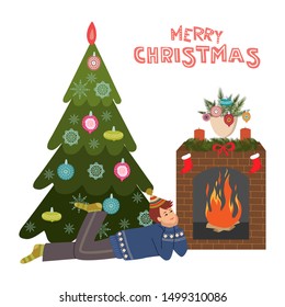 A boy lies in front of a fireplace by the fire against the background of a Christmas tree. Cute cartoon flat vector illustration isolated on white background. Drawn by hand
