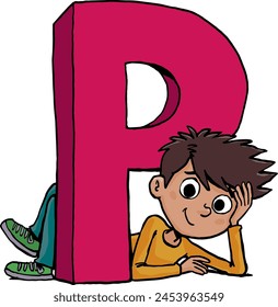 boy lies next to the capital letter P