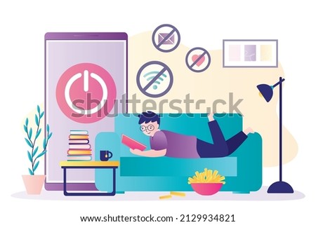 Boy lies on couch and reads interesting book. Refusal of gadgets. No internet addiction. Digital detox. Mobile phone with off button. Schoolboy is reading textbook. Pastime, leisure, hobby. Vector