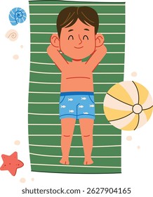 A boy lies on a striped towel with a beach ball nearby in cartoon style. Child in swim trunks enjoys a sunny day surrounded by seashells and a starfish. Cartoon vector illustration.