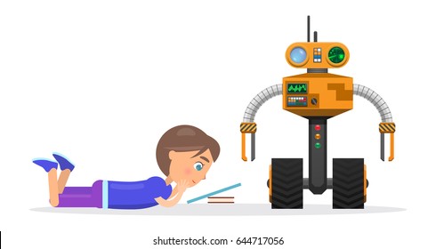 Boy lies and reads from tablet beside roobot with truck wheels, panels and buttons isolated vector illustration on white background.
