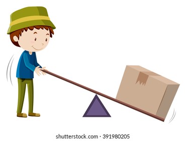 Boy lifting box with tool illustration