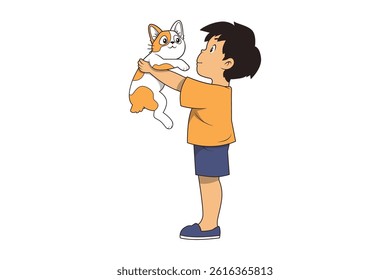 Boy Lifting a Cute Cat Vector Cartoon Style Vector Illustration