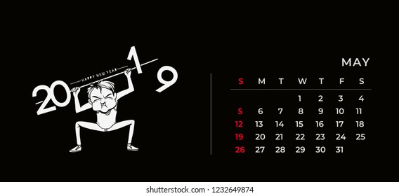 Boy lifting a heavy weight work of next year 2019. Business concept 2019 May calendar design. vector illustration.