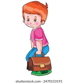 boy lifts heavy briefcases with books from the ground, cartoon illustration, isolated object on white color, vector illustration, eps