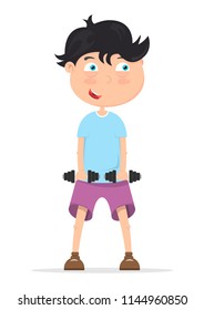 the boy lifts heavy dumbbells,the child goes in for sports,weight lifting,vector image, flat design, cartoon character,