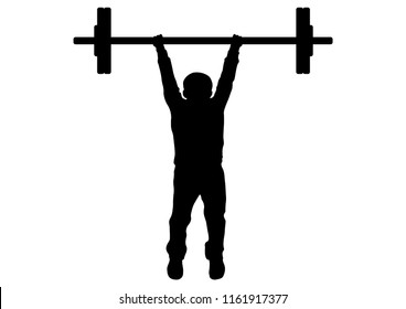 Boy lifts weight silhouette, vector