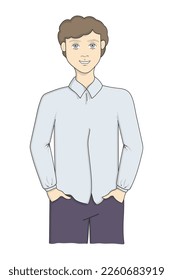 Boy in light blue shirt and dark jeans. Blonde hair, gray eyes, hands in pockets, people, society, community, man, kind smiling face. Vector illustration on white backround