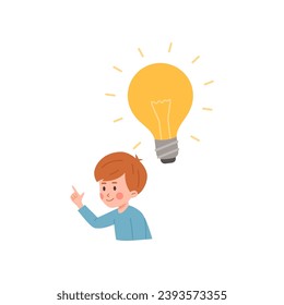 Boy with light bulb over head point finger up. Smart child has idea, solution or answer. Isolated flat vector illustration on white background.