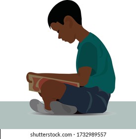  A boy in a light green shirt and blue shorts is sitting on the floor and reading a book. Vector illustration.