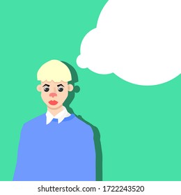 Boy with light hair is thinking. A green background behind of the boy.