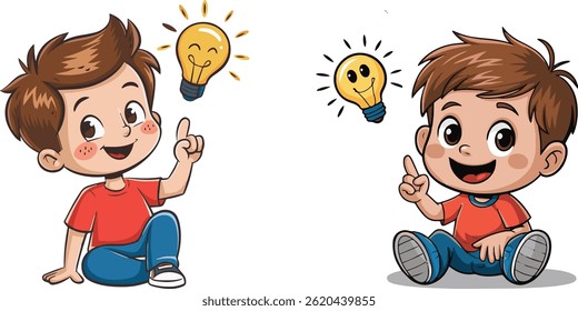 Junge mit Glühbirnen-Idee. Kreativität, Innovation, Denken, Bildung. Vektorgrafik