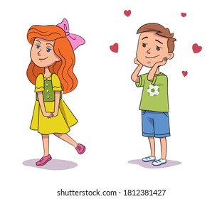 Boy likes girl, children in love. Happy cute kids smiling. Little beautiful cartoon characters in romance. Romantic couple vector illustration. Sweet girl in dress and school kid with hearts.