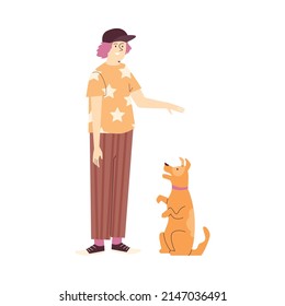 Boy with lilac hair trains his red dog flat style, up command, vector illustration isolated on white background. Dog training concept, pet having behavior lesson, doing exercise