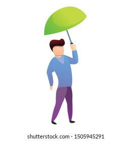 Boy with lime color umbrella icon. Cartoon of boy with lime color umbrella vector icon for web design isolated on white background