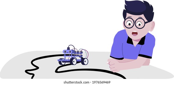 A Boy With Line Following Robot, Flat Design Illustration. Robotics, Robot, Maker Space, Tinkering Lab, STEM Lab, Happy Kid Play With The Robot, Tinker  Kid, Tinkering Kit 