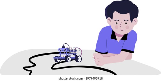 A Boy With Line Following Robot, A Flat Design Illustration. Robotics, Robot, Maker Space, Tinkering Lab, STEM Lab, Happy Kid Play With The Robot, Tinker  Kid, Tinkering Kit 