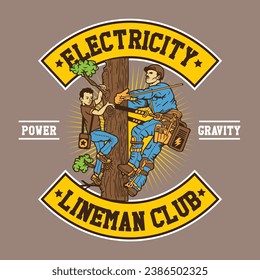 A Boy and Lineman Hand Drawing Style Vector Illustration in Patch Design Electricity Lineman Club