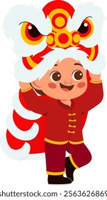 Boy in Lion Dance Costume Celebrating Chinese New Year Illustration