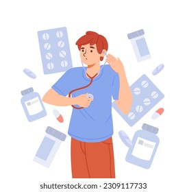 El chico escucha el latido del corazón. Un chico joven con estetoscopio revisa el pulso. Carácter junto a pastillas. Atención de salud y autodiagnóstico. Cardiología y tratamiento. Dibujo vectorial plano de dibujos animados