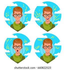 Boy listen a music with different emotions, emoji, avatar, vector illustration isolated on white background